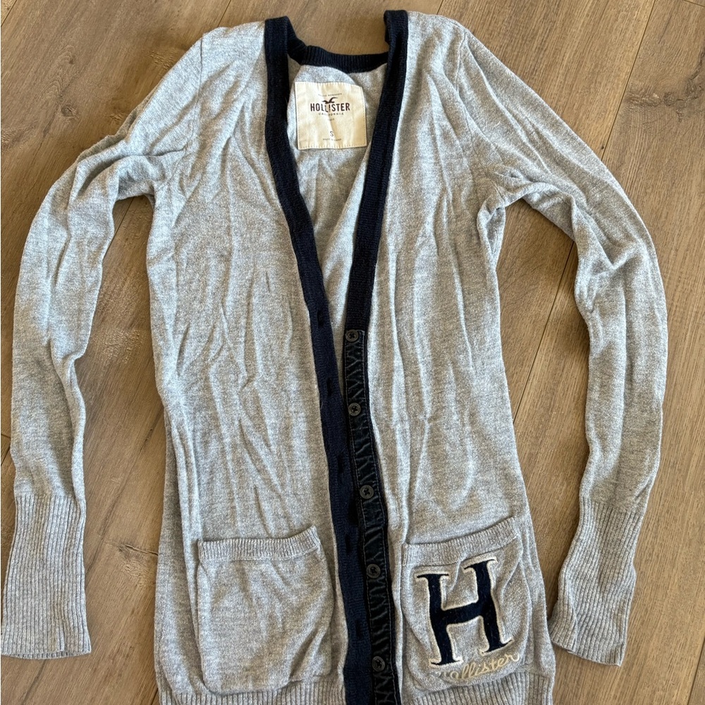 Hollister Light Gray Cardigan with Navy Trim